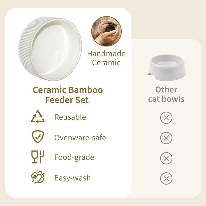 Elevated Ceramic Cat and Dog Double Bowl Set - 14 oz Lead-Free Feeder with Two Natural Bamboo Wood Stands (White Stripes)