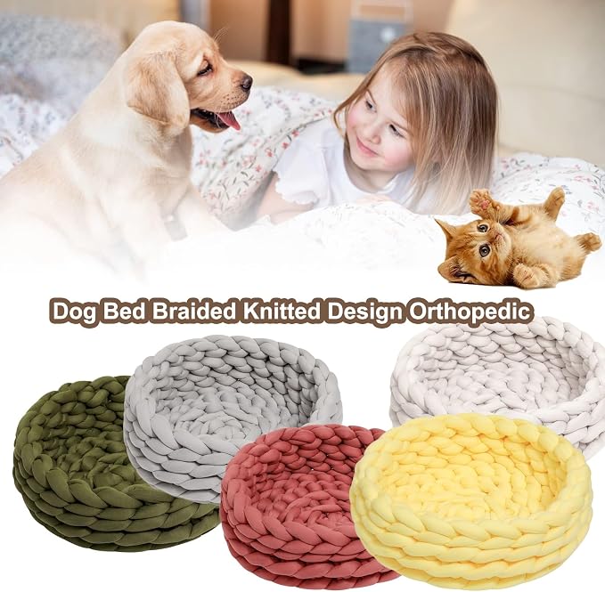 Woven Dog Bed Basket, Knitted Cotton Cat Bed Round Washable Woven Cat Pet Bed Chunky Dog Basket, Orthopedic, Chunky Knit Dog Nest,Dog Bed,Dog Cave,Dog Bedding(Yellow,17")
