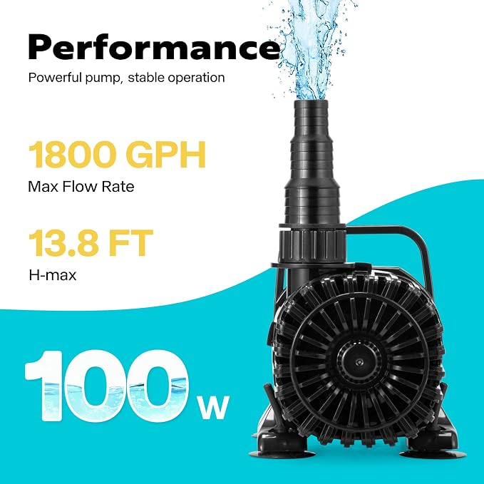 VIVOHOME 100W 1800GPH Submersible Water Pump with Barrier Bag for Koi Pond | 13.8ft Max Lift, 180° Seamless Adjustable Nozzle, 20ft Power Cord, IPX8 Waterproof