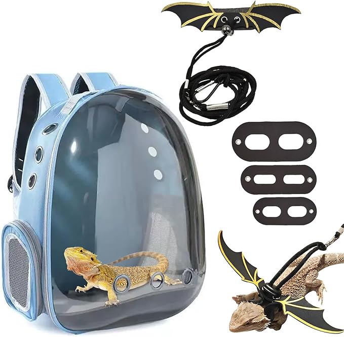 kathson Bearded Dragon Carrier with Harness and Leash Set, Large Reptile Travel Carrier Portable Lizard Backpack Clear Small Animals Carrying Bag for Gecko Hamster Rabbit Hedgehog Kitten (Blue)