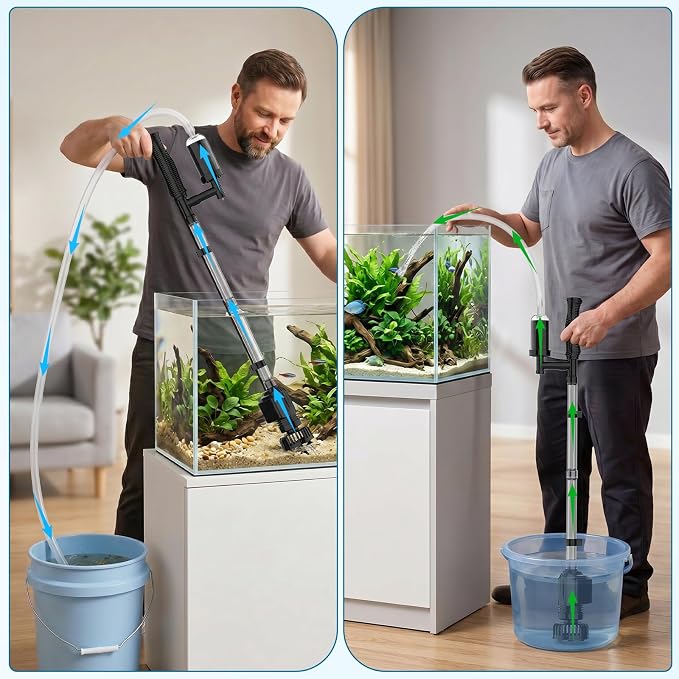 AQQA Aquarium Gravel Cleaner, 6-in-1 Electric Fish Tanks Gravel Vacuum | Anti-Clog Gravel Barrier, Sand Washer, Water Changer, Filter Bag, Adjustable Flow, 211GPH for 15+ Gallon Tanks