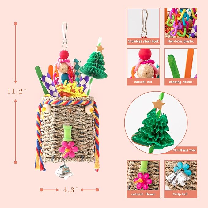 RLRICH Bird Toys Parrot Foraging Toys, Seagrass Basket Bird Chewing Toys with Colorful Tearing Paper Bamboo Fingers Natural Nut Wooden Blocks for Small Medium Parrot Bird