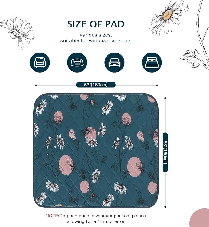 IEUUMLER Washable Pee Pads for Dogs, 1 Pack Non-Slip & Waterproof Pack Whelping Pad, Reusable Washable Puppy Potty Training Pad with Fast Absorbent for Playpen EU007 (Navy Blue Daisy, 63"X63"-1pcs)