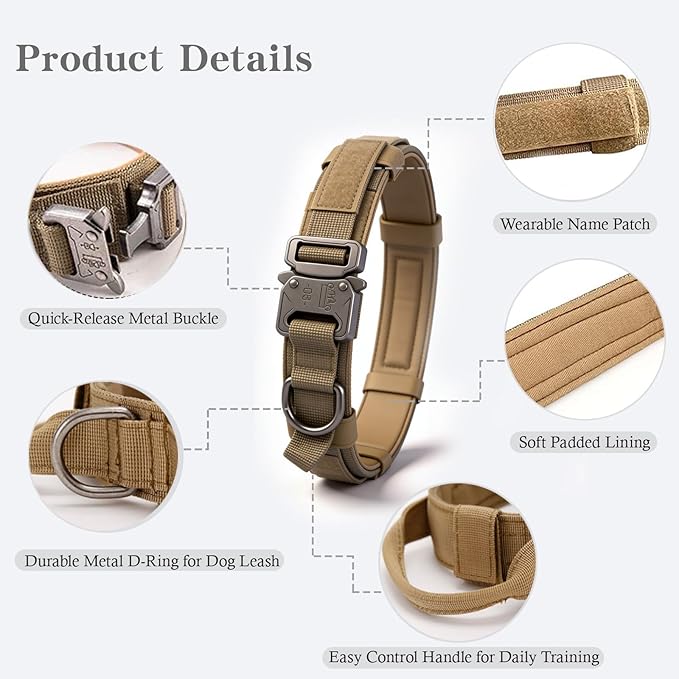 Tactical Dog Collar and Leash Set Tactical Dog Collar with Handle Bungee Leash Adjustable Military Training Nylon Collar Dog Training Collar Leash Set with Control Handleand Metal Buckle （Brown L