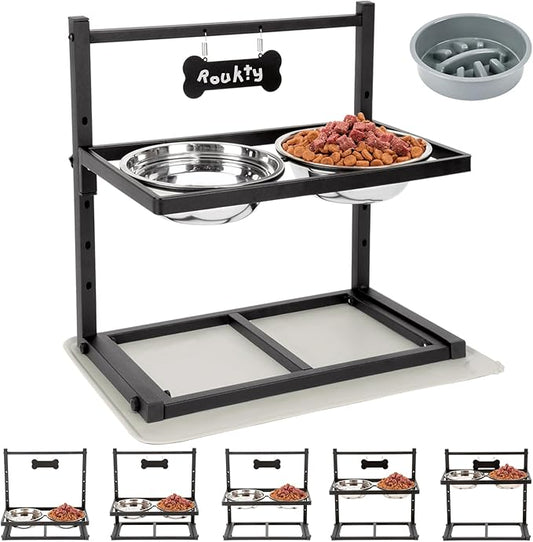 ADENGL Elevated Dog Bowls with Slow Feeder, 5 Adjustable Heights, Anti-Slip, Durable Metal Frame, Spill Proof Mat, Rust-Resistant Bowls, Easy to Clean