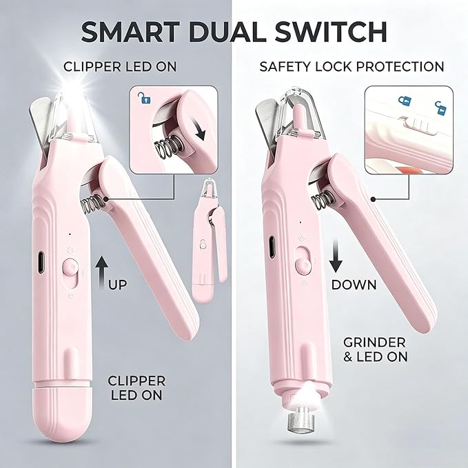 2-in-1 Dog Nail Grinder & Dog Nail Clippers Trimmers for Large Medium Small Dogs Cats Pets Claw Trimmer with LED Lights (Pink)