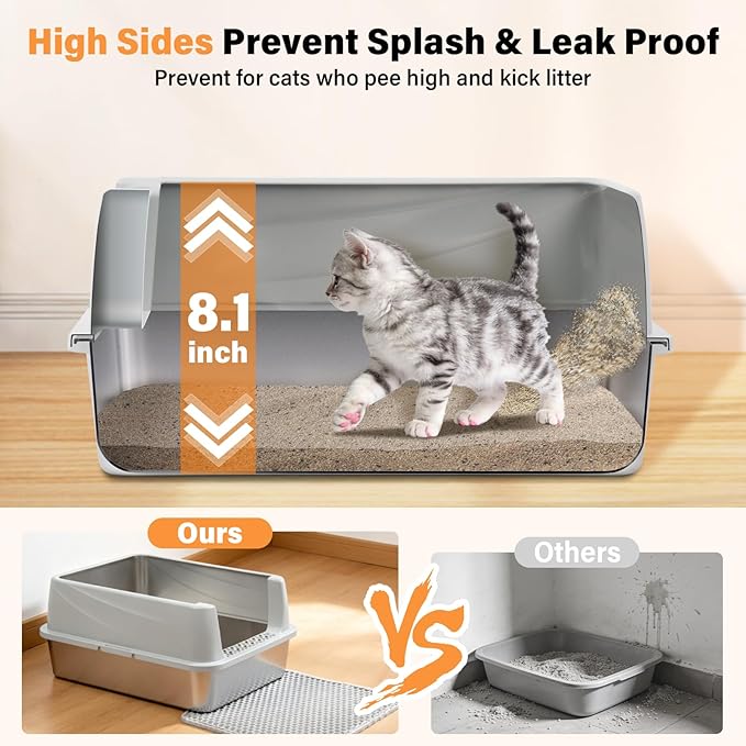 Stainless Steel Cat Litter Box with Lid, Metal Litter Box for Small Cats, Low Entry Kitten Litter Boxes with Scoop and Mat, Non-Sticky, Anti-Urine Leakage, Easy Cleaning, M