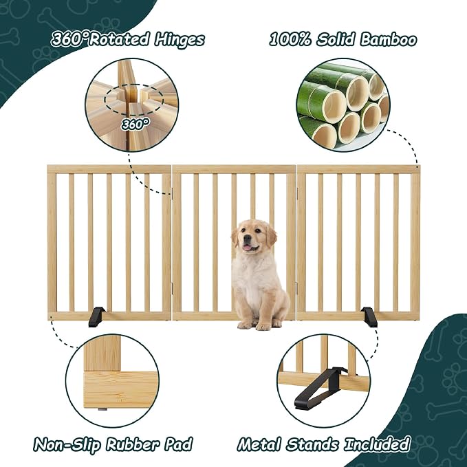 Semiocthome Bamboo Freestanding Dog Gates for Doorways, 3-Panel Indoor Puppy Gates for The House with 2 Metal Stands, 24"(H) Folding Pet Gate for Stairs Expands Up to 55"(W) No Installation Resquired