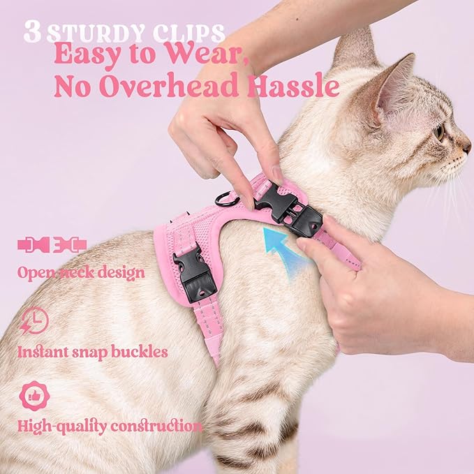 rabbitgoo Cat Harness and Leash, Escape Proof Vest with 3 Adjustable Buckles, Soft Comfortable Kitten Harness, Easy to Wear, Reflective for Safe Outdoor Walking, Small, Pink
