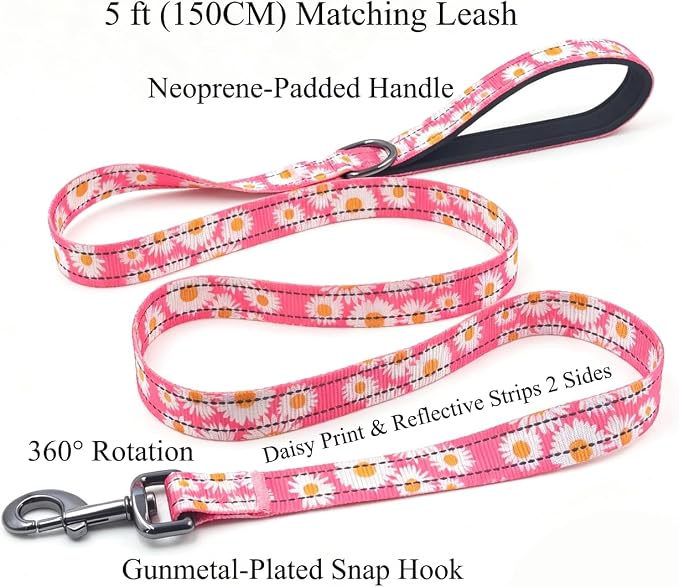 Dog Collar Leash Set, Floral Pattern, with Safety Reflective Strips, 5 ft Matching Leash, Neoprene Padded Handle, Adjustable 4 Sizes for Small Medium Large Dogs.(XS, Pink Daisy)