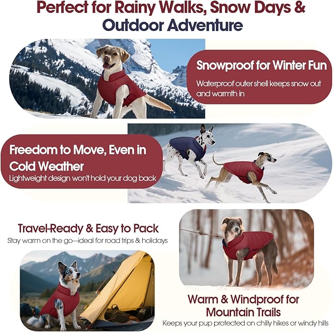QBLEEV Reversible Dog Coat for Medium Dogs, Waterproof Windproof Winter Jacket Keeps Dogs Warm in Snow, Adjustable Hook & Loop Lightweight Dog Puffer Vest, Wine Red, L – Fits French Bulldog