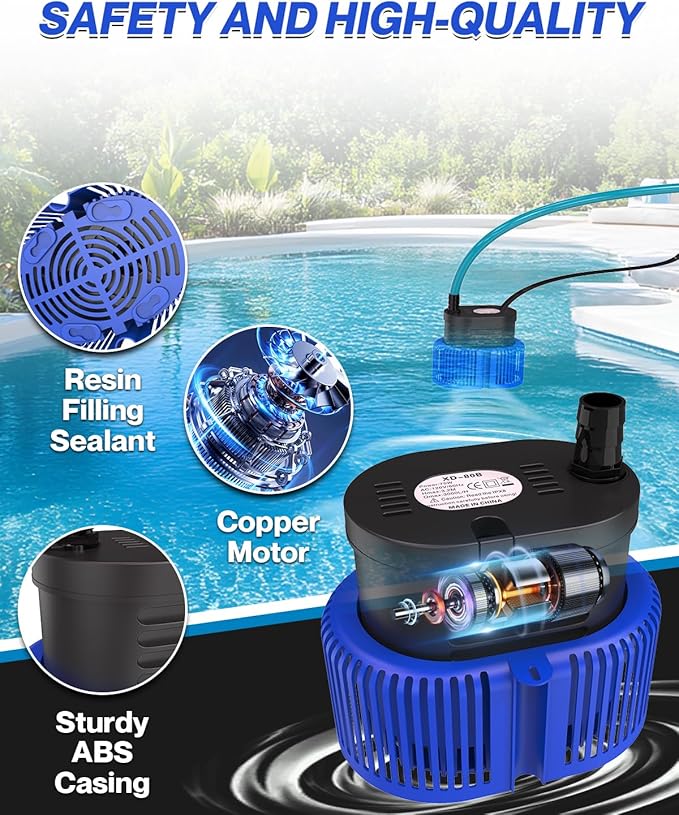 Pool Cover Pump above Ground - Submersible Water Sump Pump Swimming Water Removal Pumps, with Drainage Hose & 25 Feet Extra Long Power Cord, 850 GPH inGround, 3 Adapters