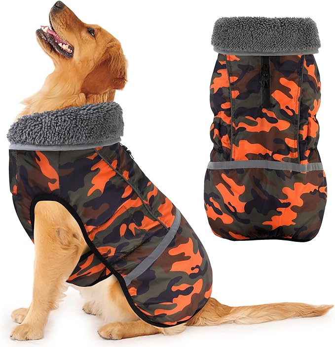 Dogcheer Warm Dog Coat, Waterproof Dog Jacket Christmas Puppy Winter Coat with Buckle, Reflective Adjustable Pet Snow Jacket Turtleneck Fleece Sweater for Small Medium Large Dogs - Orange Camo, L