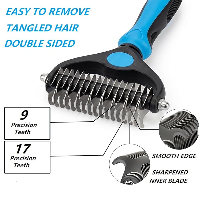 PETIMP STORE 4PCS Self Cleaning Slicker Brush, Pet Grooming Rake, Bath Brush & Massage Brush for Short/Long Haired Dogs, Cats & Horses, Pet Grooming Deshedding Tools - Pet Supplies (Blue Black)