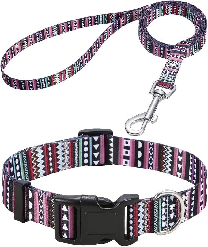 Mihqy Dog Collar and Leash Set with Bohemia Floral Tribal Geometric Patterns - Soft Ethnic Style Collar Adjustable for Small Medium Large Dogs(Bohemian Purple Set,L)