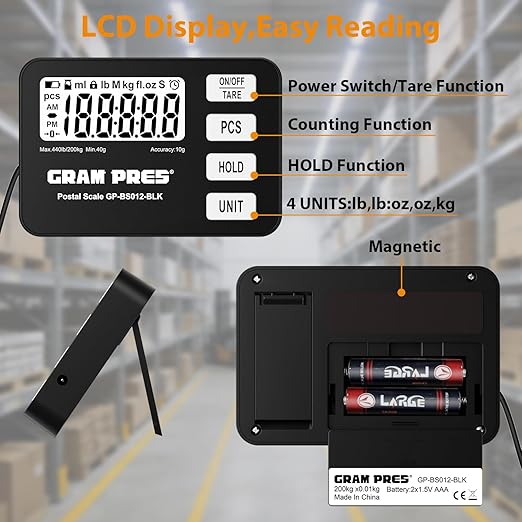 GRAM PRES Shipping Scale 440 lbs/10g Digital Postal Scale with LCD Display, Hold/Tare/Pcs Functions for Packages/Luggage/Post Office/Dog, Battery & USB Cable Included