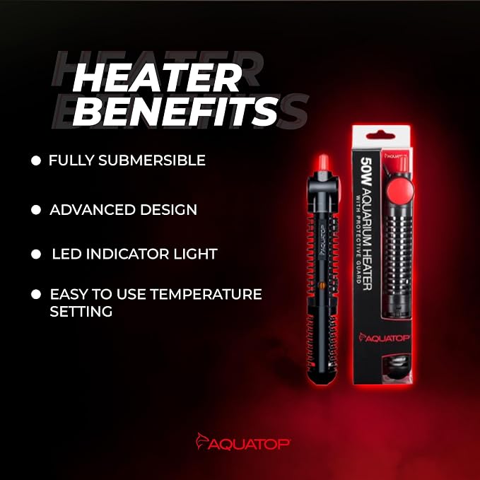 Aquatop 50W Premier Glass Heater with Guard – Submersible for Fish Tanks Up to 13 Gallons – 68-93°F Adjustable Temp – Fresh & Saltwater Use