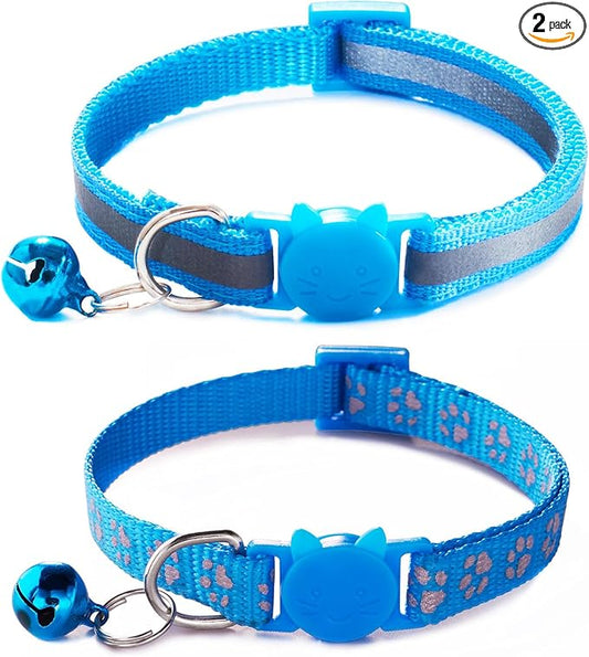 Breakaway Kitten Collar with Bells, [2 Pack] Light Blue Break Away Cat Collar with Bells, Reflective Cat Collar for Boy Cats Kitty
