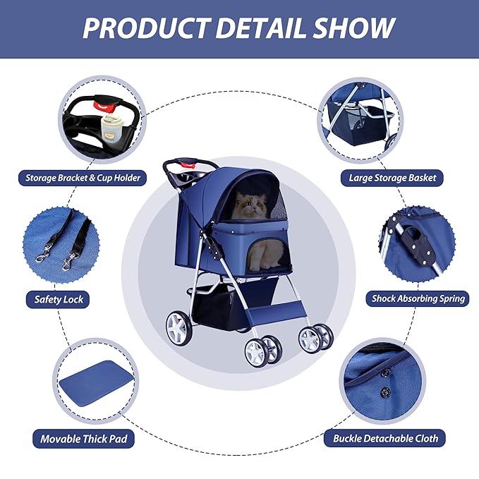 Unisakey 4 Wheels Pet Stroller for Small Medium Dogs Cats 10-33 lbs, Foldable Dog and Cat Stroller with Cup Holder & Storage Basket & Breathable Mesh, Pet Strolling Cart for All-Season, Navy Blue