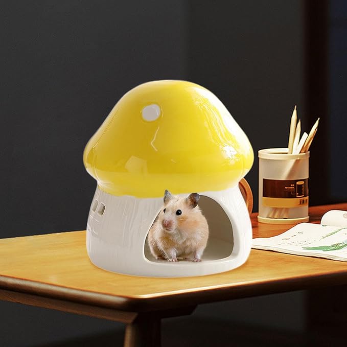 Ceramic Hamster House Guinea Pig Hideout Outdoor Creative Sturdy Habitat Hideaway House for Rats Chipmunk Squirrels, Yellow