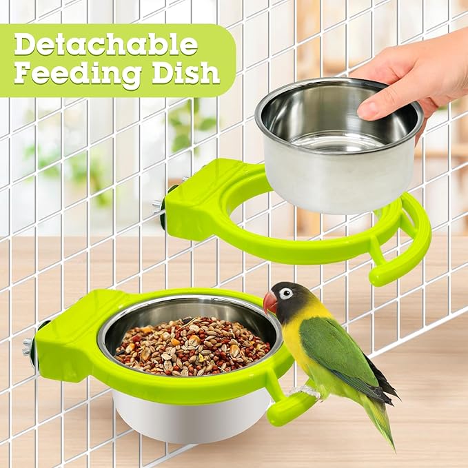 Stainless Steel Bird Bowls for Cage 2 Pcs Parrot Feeding Dish Metal Food and Water Cups Detachable Birds Cage Feeder Hanging Finch Food Plates with Perch for Parakeet Budgie Lovebird (Green)