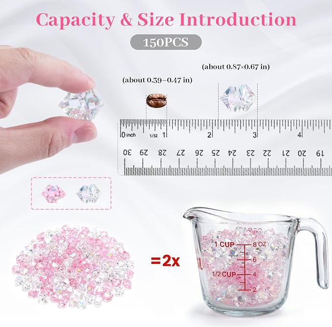 DOMESTAR 150 PCS Iridescent Fake Ice Rocks, Pink and Clear Acrylic Crystals | Plastic Gems for Vases Fillers, Table Scatter, Tables Centerpieces, Wedding Centerpieces, Fish Tank Craft Supplies