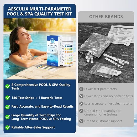 8-in-1 Pool Test Strips, 151 Strips Spa and Hot Tub Water Testing Kit, Pool Water Test Kit for Free Chlorine, Total Chlorine, Bromine, pH, Alkalinity, Hardness, Cyanuric Acid