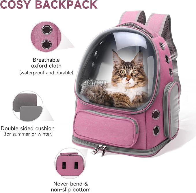 Cawypety Cat Backpack Carrier, Breathable Cat Carrier Large Space Bubble Pet Backpack for Kitty Small Dog up to 12lbs, Transparent & Foldable Pet Carrier for Travel Hiking（Pink）