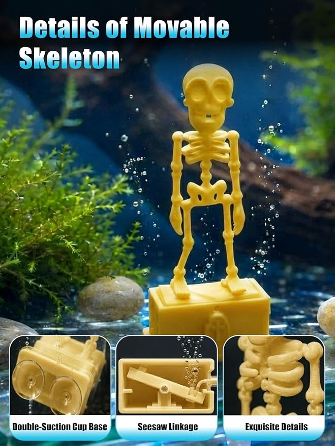 Dancing Skeleton Aquarium Bubbler, Halloween Fish Tank Decor(Yellow) | Adjustable airflow with 1m hose & valve. Safe resin, for freshwater/saltwater tanks. Air pump not included.