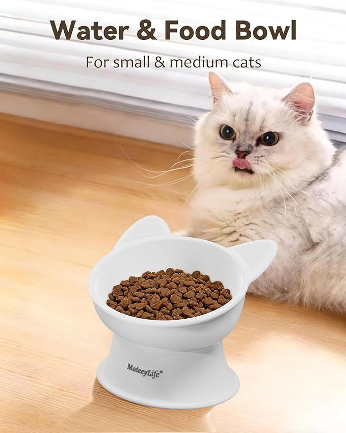 MateeyLife Raised Cat Bowls, Cat Food Bowl Elevated for Kittens & Small Dogs, 15°Tilted Protect Pets' Neck and Anti Vomiting, Whisker Friendly Food & Water Feeding Bowl, 6 oz Each - White