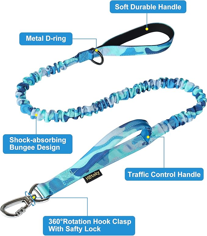 Hotsky Tactical Dog Collar and Leash Set, Heavy Duty Military Airtag Dog Collar with Handle and Metal Buckle for Training and Walking, with Airtag Holder and Two Patches (Blue Camo, L)