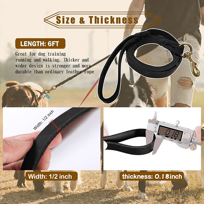 Leather Dog Leash 6ft x 1/2 inch,Strong Heavy Duty Genuine Leather Braided Dog Training Leash, Soft and Comfortable Leather Leash for Large Dogs, Medium Small Dogs (Black, 6FT*1/2in)