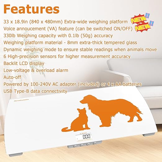Digital Weighing Scale for Dogs Cats Puppies, Vet Scale, Scale for Animals Pets, 330lb x 0.1lb, Veterinary Scale, 33 x 19in Wide Platform, 8mm Tempered-Glass