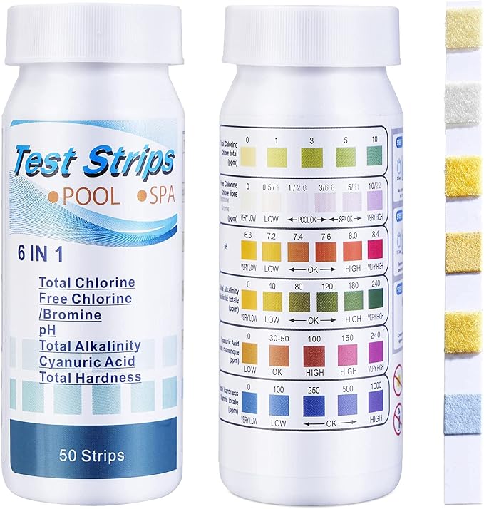 SuperCheck 6-Way Spa Test Strips for Hot Tub, 7 Parameters, 50 Count, Hot Tub Test Strips for Chlorine, Bromine, pH, Alkalinity, Cyanuric Acid and Hardness Levels in Pool and Spa, Test Kit for Pools