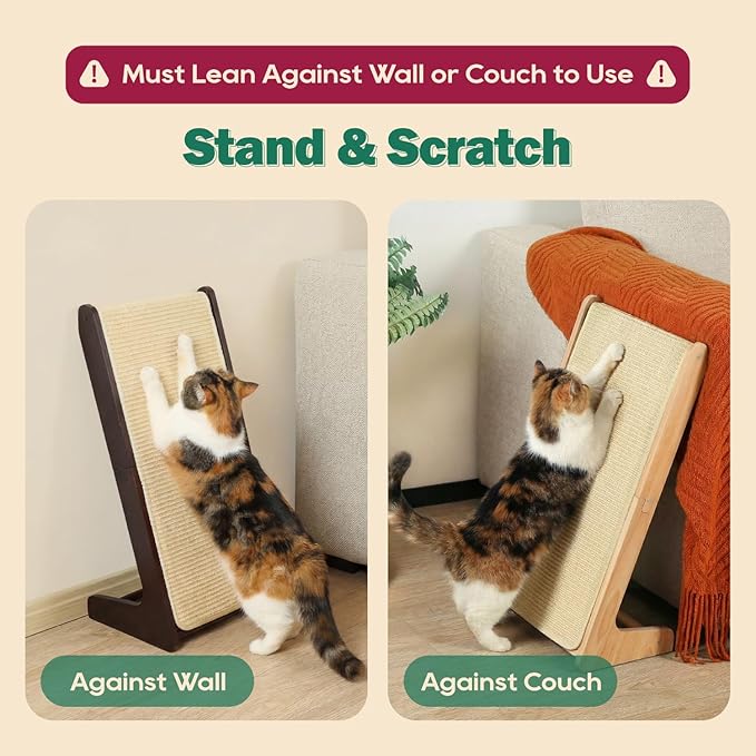 Zakkart L-Shaped Sisal Cat Scratcher, 24.8'' Tall Convertible 70° Vertical Scratching Pad & 20° Ramp Scratcher, Natural Sisal Mat, Solid Wood Frame, Helps Protect Furniture, Easy Assembly (Dark)