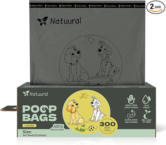 Compostable Dog Poop Bags-300 Bags 1Rolls, Poop Bags for Dogs Made of Cornstarch, Lavender Scented, Ideal for Backyard or Home and Cat Litter Disposal