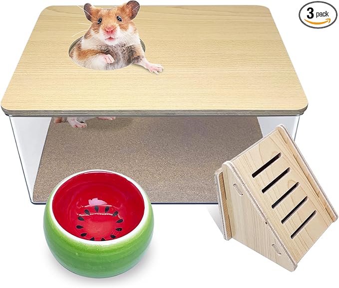 PINVNBY Hamster Sand Bath Box, Transparent Acrylic Sand Bath Shower, Gerbils Digging Room Container with Climbing Ladder and Ceramic Bowl, Litter Box for Hamsters Guinea Pigs Mice (Rectangle)