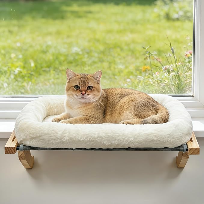 AMOSIJOY Cat Sill Window Perch Sturdy Hammock Window Seat with Cushion Bed Cover, Wood & Metal Frame for Large Cats, Easy to Adjust Cat Bed for Windowsill, Bedside, Drawer and Cabinet(Cushion Bed)