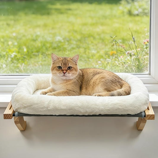 AMOSIJOY Cat Sill Window Perch Sturdy Hammock Window Seat with Cushion Bed Cover, Wood & Metal Frame for Large Cats, Easy to Adjust Cat Bed for Windowsill, Bedside, Drawer and Cabinet(Cushion Bed)