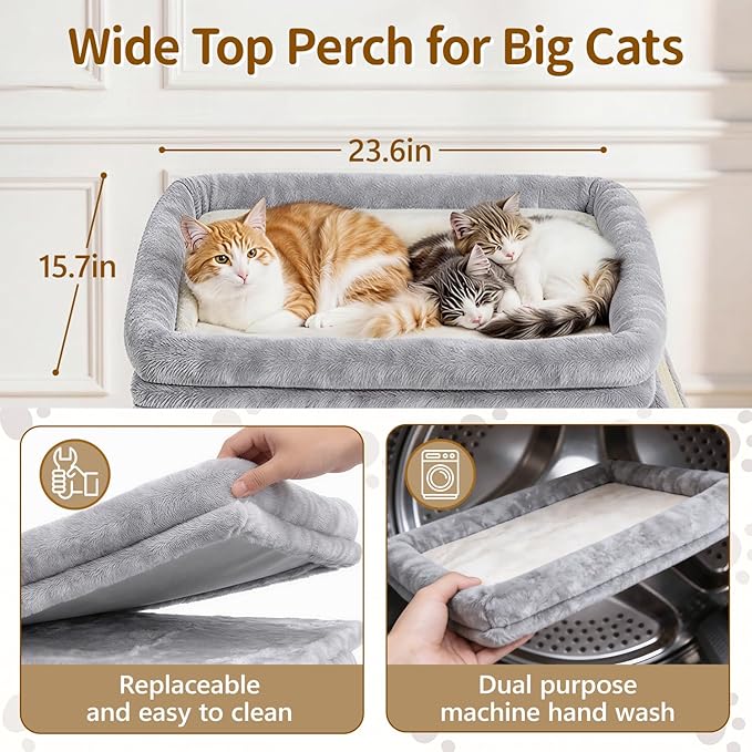 Cat Tree Tower Bed with Scratching Post for Indoor, Heavy Duty Small Stand House Condo for Large Cats & Kittens, Platform Perch Hideout Climb Rest Area, Modern Sturdy Furniture, Light Gray