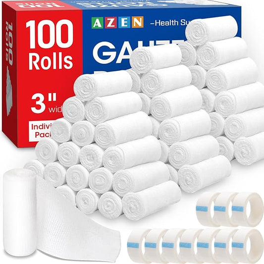 AZEN 100 Pack Gauze Rolls Bandages, 3 in x 4.1 Yards, First Aid Supplies & Premium Medical Supplies, Bandage Wrap Vet Wrap