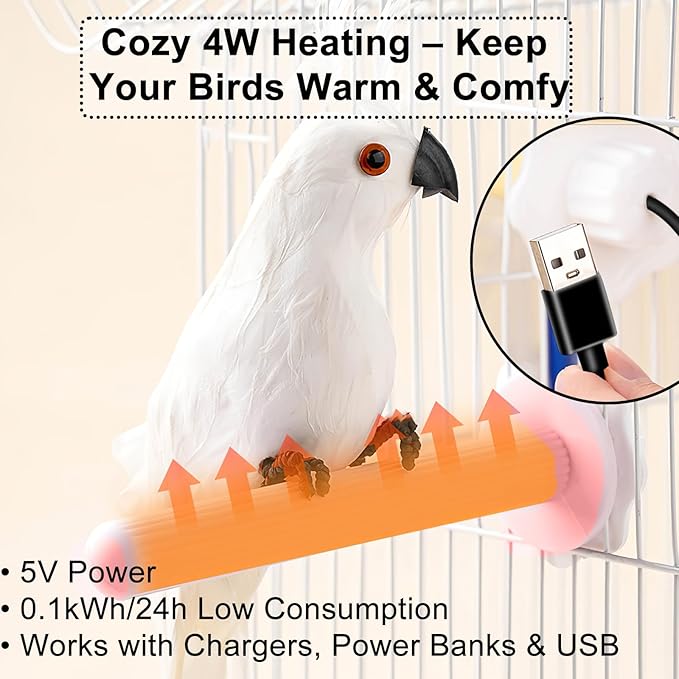 USB Heated Perch, Specifically Designed for Pet Birds Like Cockatiels, Amazon Parrots, and Budgies, with a Safe Surface Temperature of Approximately 94°F - 140°F Bird Cage Accessory