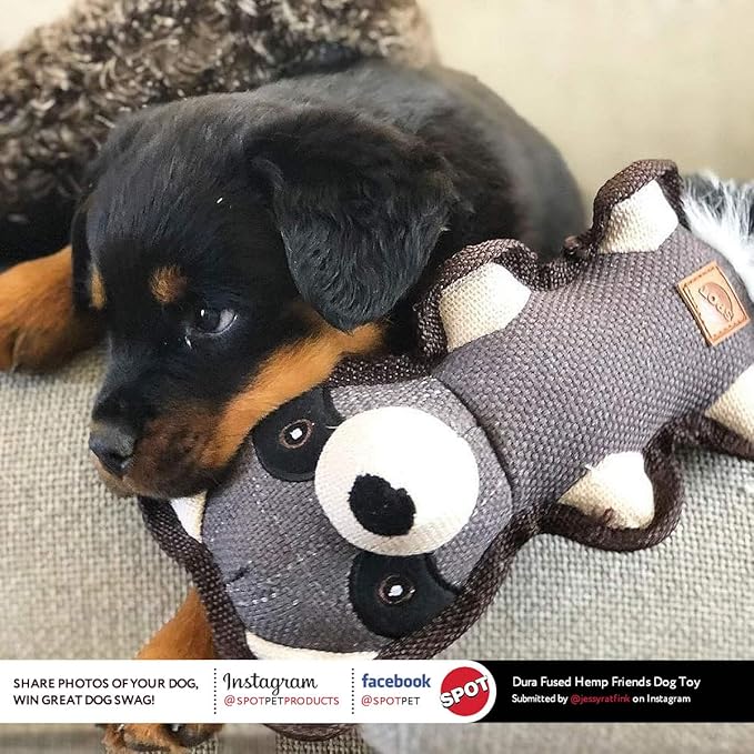 SPOT Dura-Fused Hemp Friends - Dog Toy Made with Hemp Material, Fused with Tricot for Durablity, with Furry Plush Tail and Squeaker, Great for Light to Moderate Chewers - 18" Assorted Styles, 1 Piece