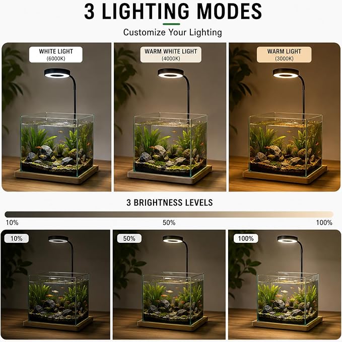 Aquarium Light Full Spectrum LED10W Light with Timer Auto On/Off | Betta Fish Tank Light,Nano Terrarium Fish Tank Lamp,3 Light Colors + Dimmable Brightness