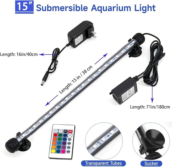 15 inch RGB Aquarium Lights, Underwater Fish Tank Lights IP68 Waterproof Color Changing Adjustable Memory Submersible Remote Control Aquarium Tank Lights
