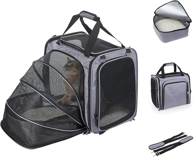 Large Cat Carrier with Litter Box, Expandable Cat Carrier for Car Travel, 17.3"x16.2"x13" Soft-Sided Pet Carrier, Collapsible Pet Carrier for Car Travel with Lockable Zippers for Medium Large Cat