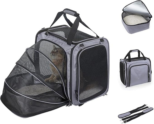 Large Cat Carrier with Litter Box, Expandable Cat Carrier for Car Travel, 17.3"x16.2"x13" Soft-Sided Pet Carrier, Collapsible Pet Carrier for Car Travel with Lockable Zippers for Medium Large Cat