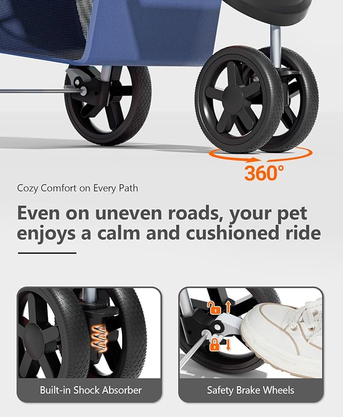 OS MOTOR Pet Stroller with 3 Wheels for Small/Medium Pets, Portable Travel Foldable Carrier Jogger for Dog Cat Puppy Kitty, Rear Wheel Breaks, Storage Basket, Visible Mesh Weather Cover (Navy Blue)