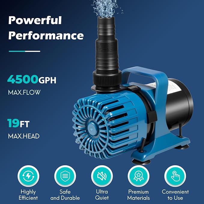 TONGCHANT 4500 GPH Pond Pump for Fish Pond Fountain & Waterfall, 19FT Lift | 220W Submersible Water Pump with 180° Rotatable Nozzle, Filter Bag & 20FT Cord, Ultra-Quiet Operation, UL listed