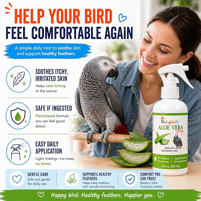UnRuffledRx Aloe Vera Bird Spray for All Birds – Soothes Itchy Skin & Feather Plucking – 8oz Odor-Free Mist, Safe if Ingested, Daily Use Bird Mist, Softens Feathers, Natural Formula – Made in USA